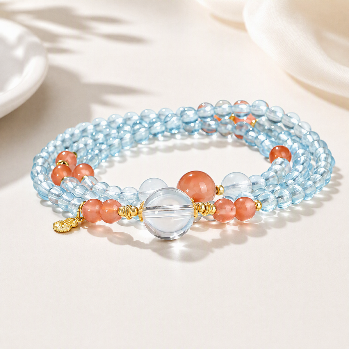 Aquamarine, Clear Quartz & South Red Agate Bracelet – Chinese-Inspired Design