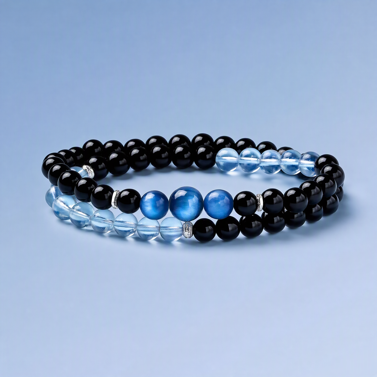 Aquamarine & Black Obsidian Double Wrap Bracelet with Blue Kyanite – Natural Crystal Gemstone Jewelry
