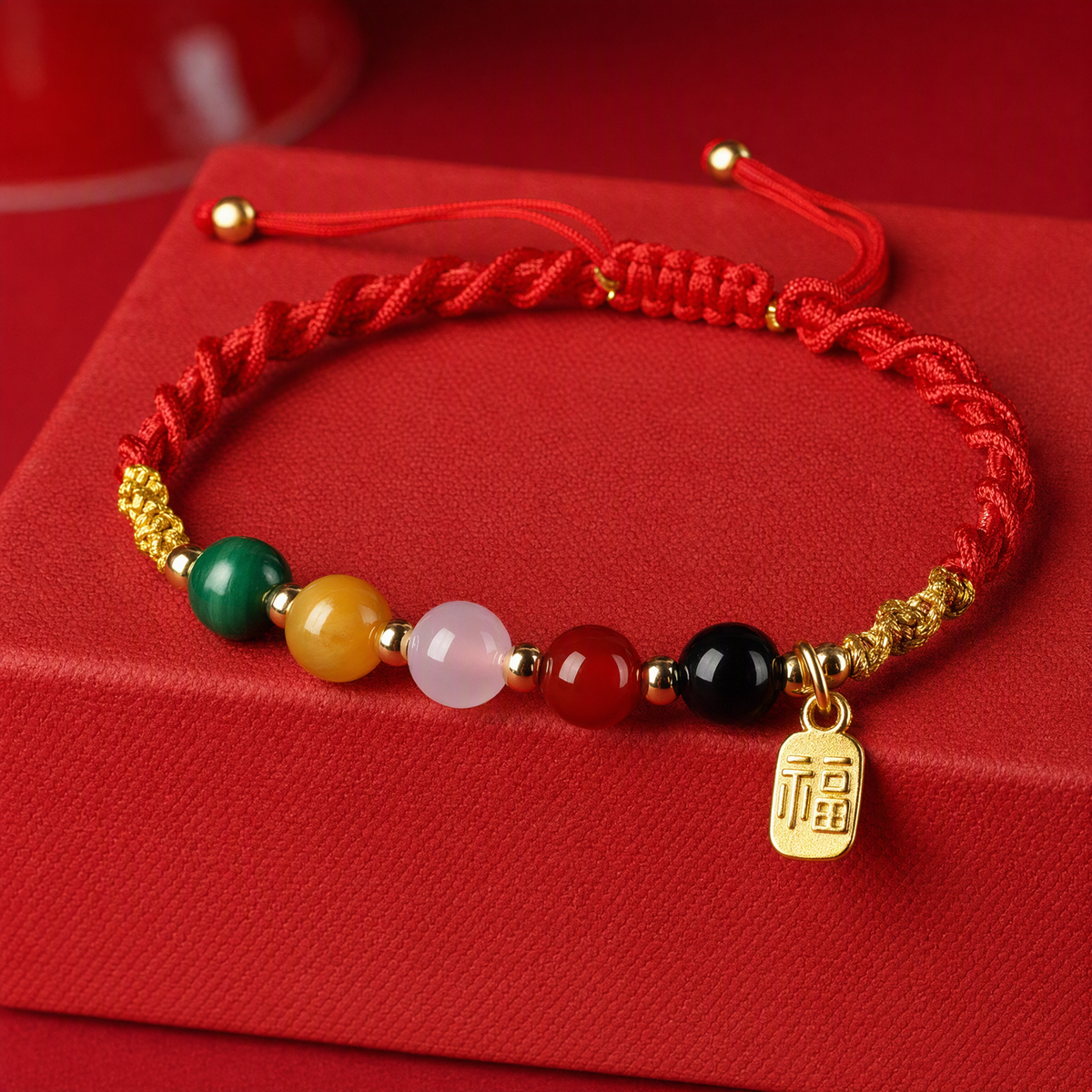 Red String Bracelet with Natural Gemstones & Gold Fu Charm – Adjustable Good Luck Jewelry