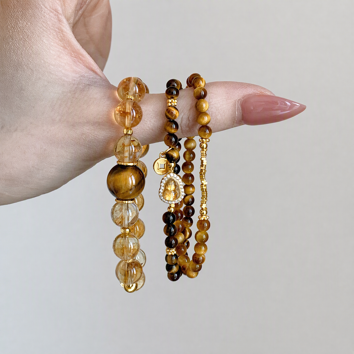 Tiger’s Eye & Black Obsidian Multi-Layer Bracelet with Gourd Charm