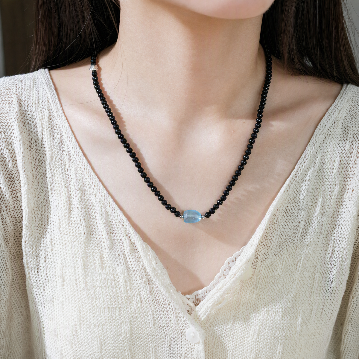 Black Obsidian, Aquamarine & Blue Tiger’s Eye Double-Wrap Bracelet – 4mm