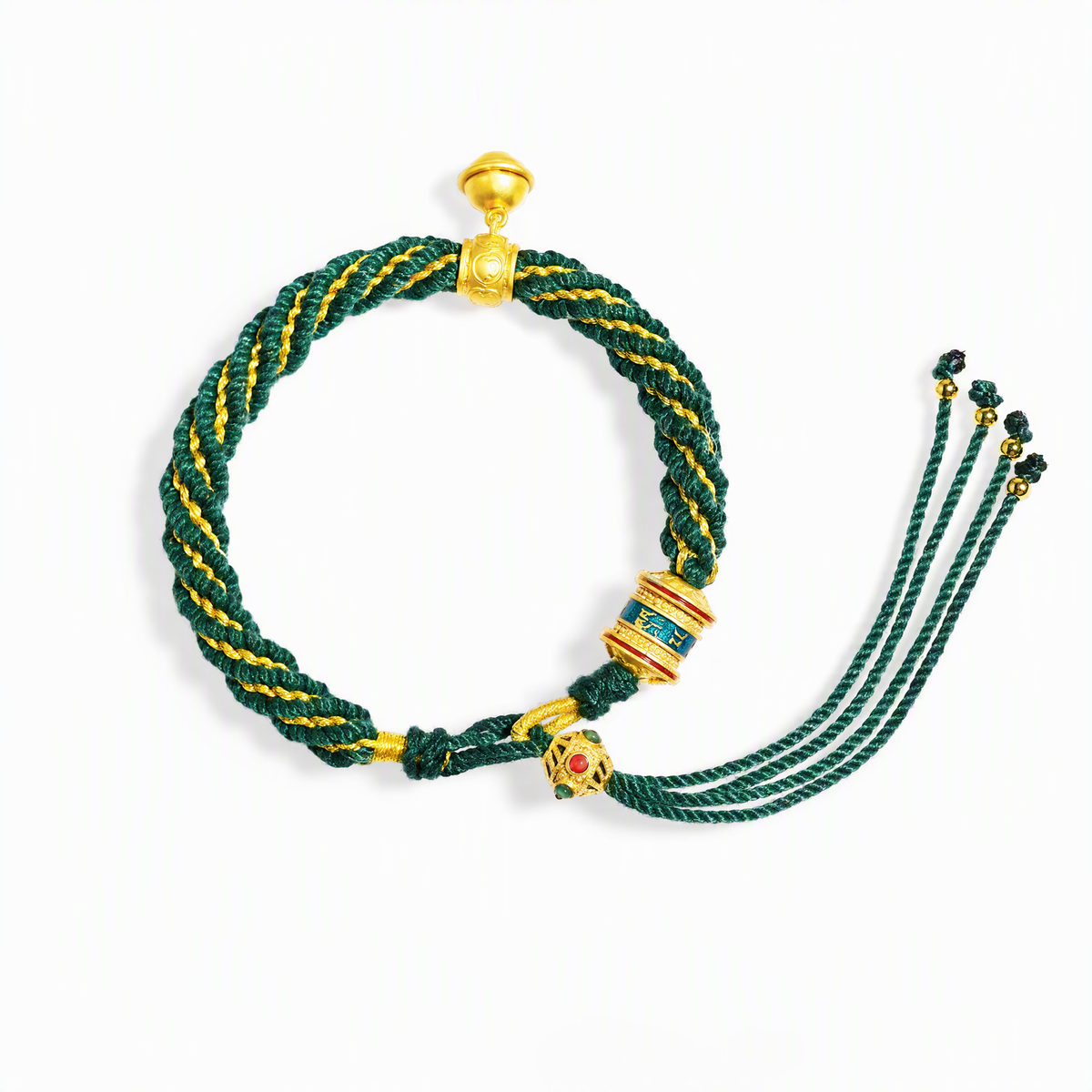 Tibetan-Inspired Woven Mantra Bracelet with Bell & Six-Syllable Mantra Wheel