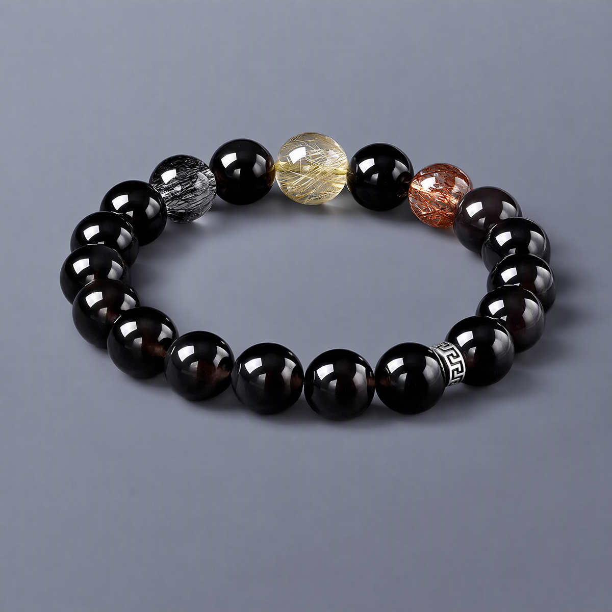 Black Obsidian & Rutilated Quartz Bracelet – Black, Gold & Silver Tones