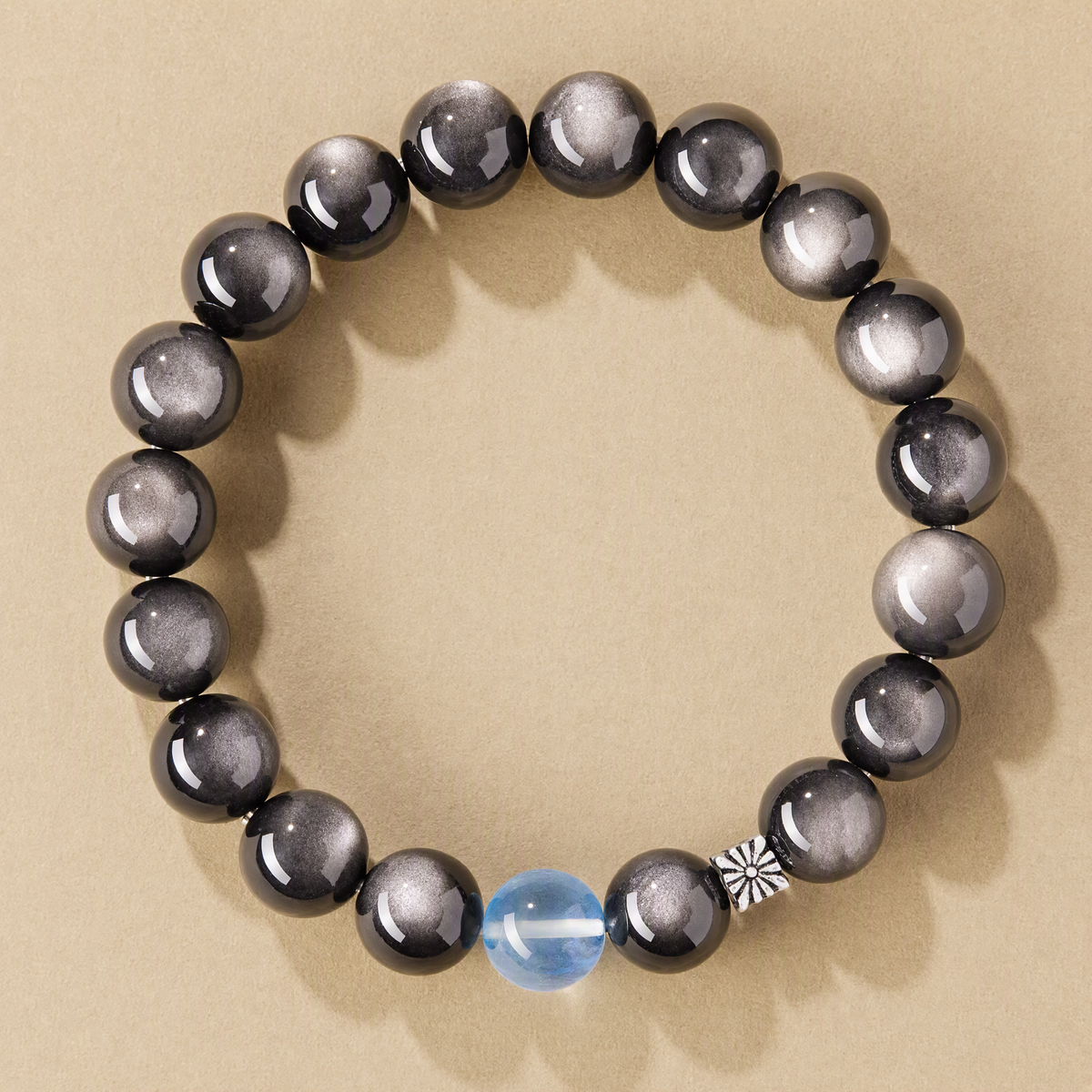 Silver Sheen Obsidian & Aquamarine Bracelet with S925 Sterling Silver Beads