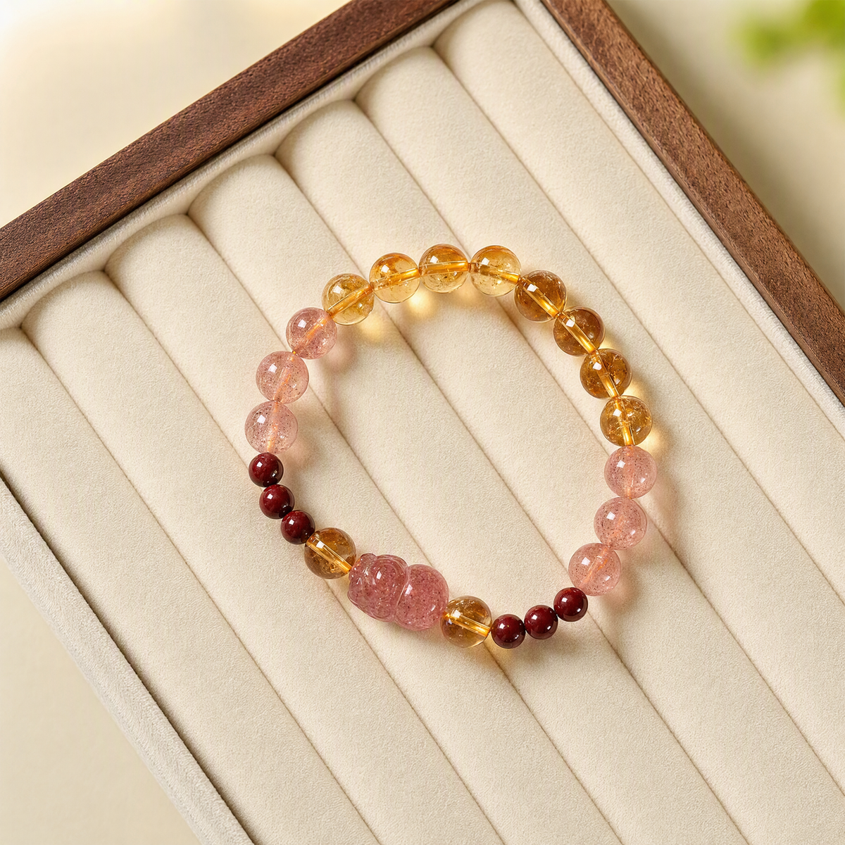 Natural Citrine & Strawberry Quartz Bracelet for Women with Pixiu Charm