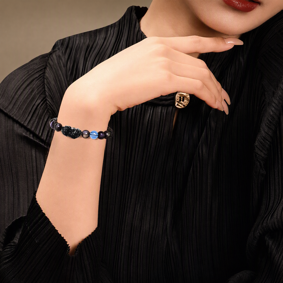 Rainbow Sheen Obsidian & Aquamarine Pixiu Bracelet – Unisex