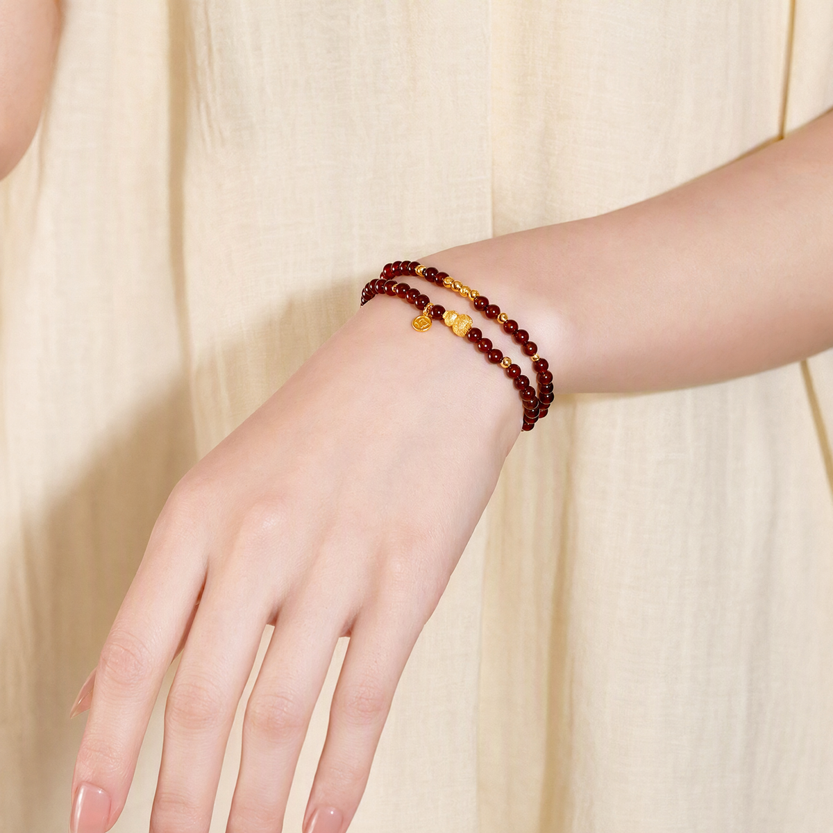 Natural Garnet Multi-Wrap Bracelet with Gold-Tone Gourd & Coin Charms