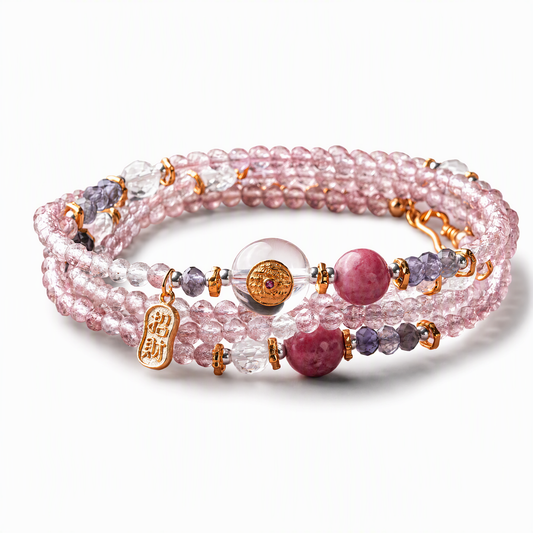 Natural Strawberry Quartz Layered Crystal Bracelet with Chinese-Inspired Coin Charm