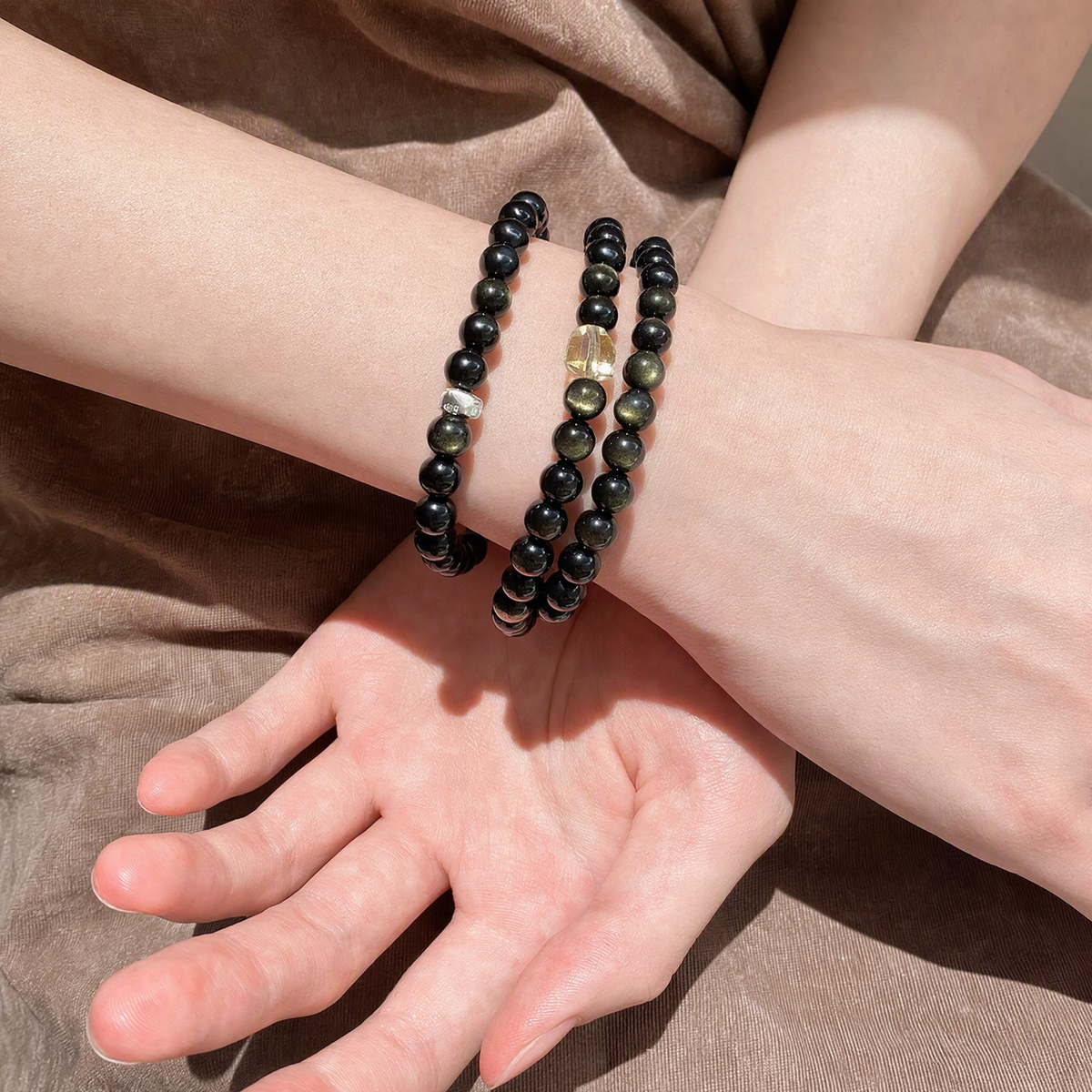 Gold Sheen Obsidian & Citrine Beaded Bracelet – Double or Triple Wrap