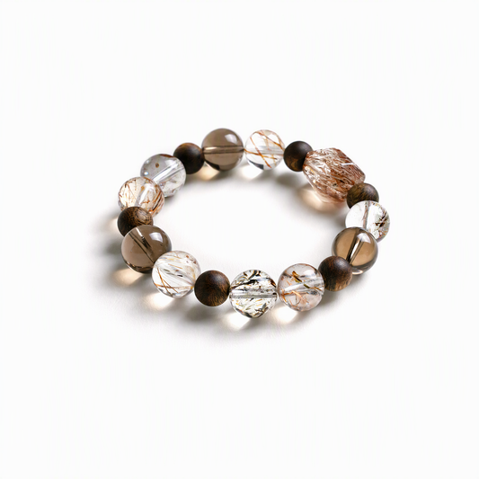 Black Gold Super Seven & Smoky Quartz Bracelet with Agarwood – Natural Gemstone Jewelry