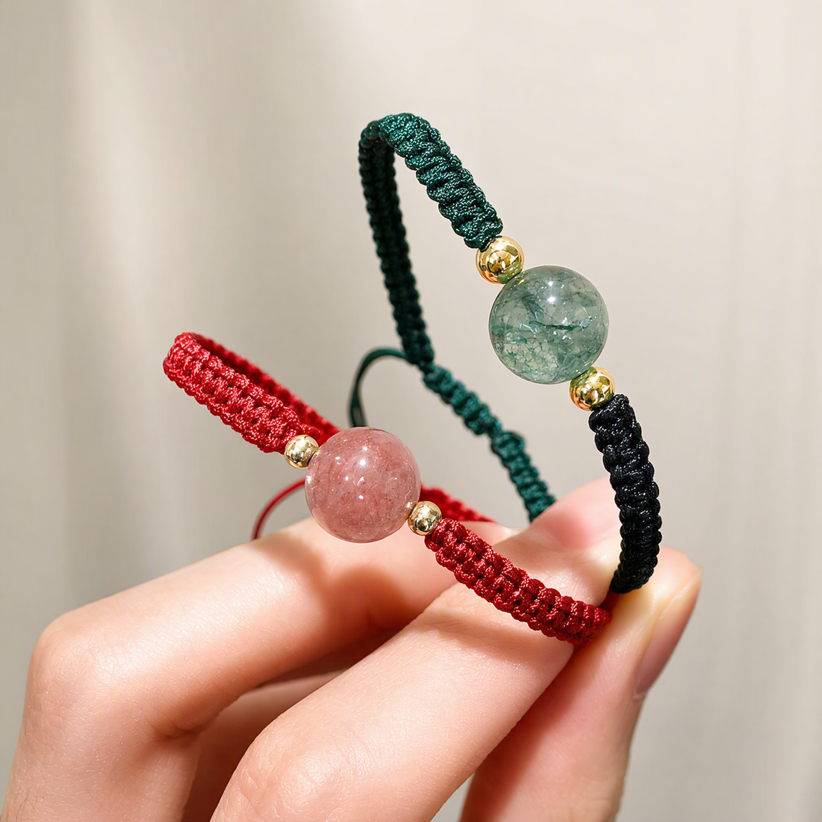 Handwoven Crystal Bracelet – Green Phantom Quartz or Strawberry Quartz