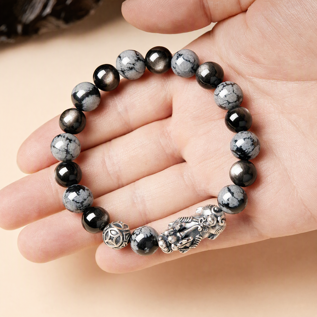 S999 Silver Pixiu & Black Obsidian Bracelet – Vintage Unisex Design
