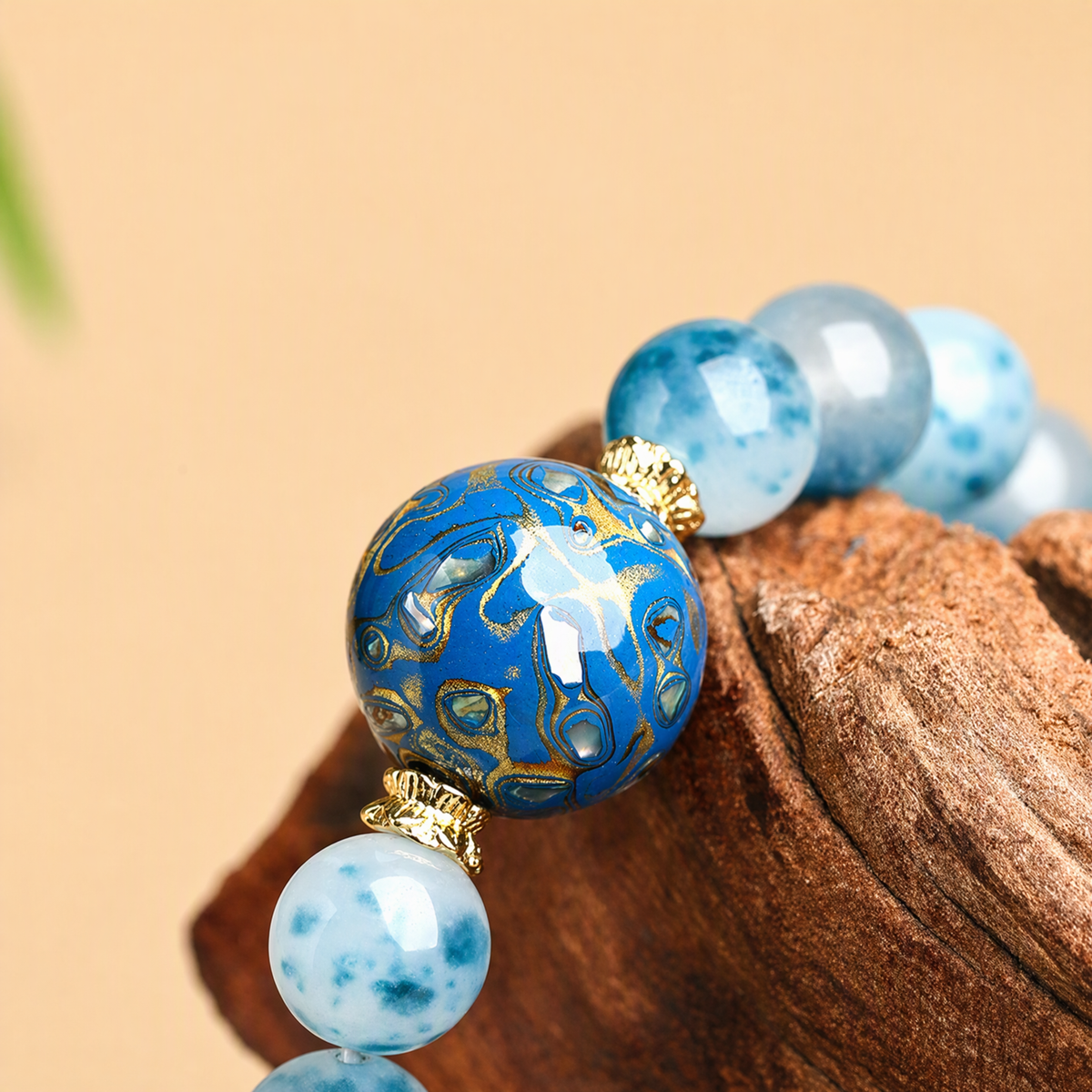 Blue Chalcedony & Artisan Lacquer Bead Bracelet – Handmade Gift