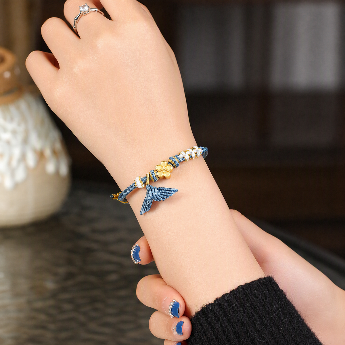 Handwoven Fish Tail Charm Bracelet with 14K Gold-Plated Peach Blossom Bead