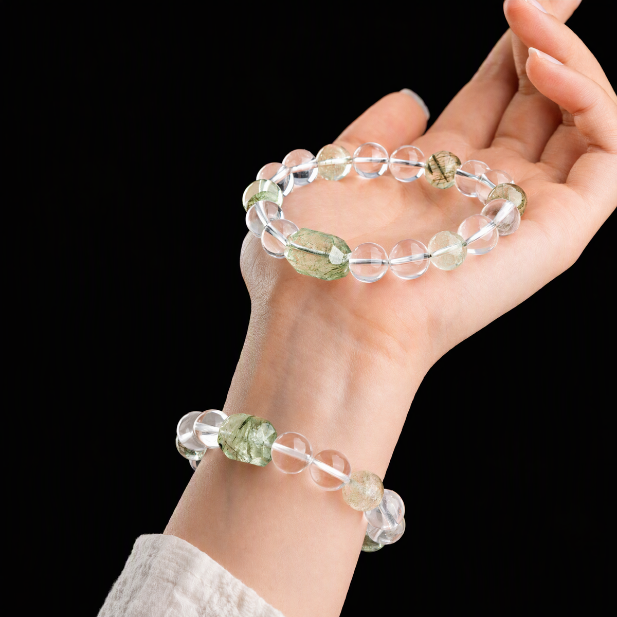 Natural Clear Quartz & Green Rutilated Quartz Bracelet with Green Phantom Crystals