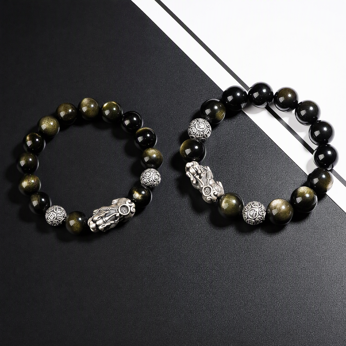 S925 Silver Pixiu & Black Obsidian Bracelet – Vintage 3D Design