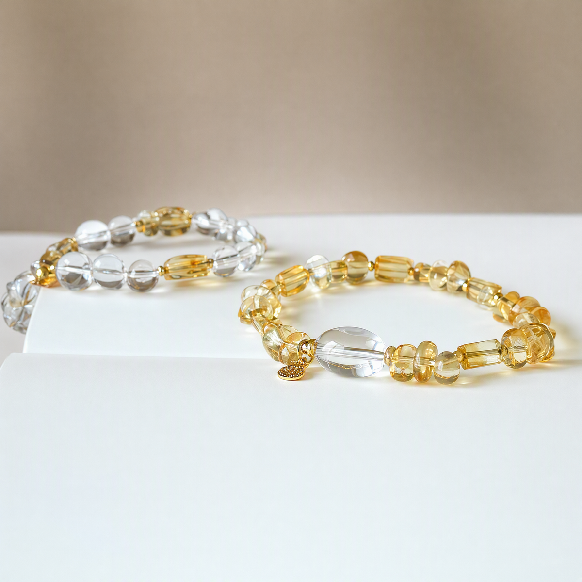 Natural Citrine & White Crystal Bracelet for Abundance & Wealth, Clear Quartz Beaded Bracelet with S925 Gold-Plated Silver
