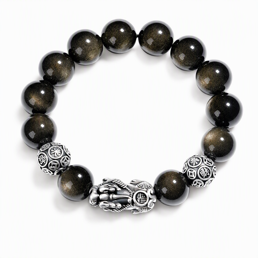 S925 Silver Pixiu & Black Obsidian Bracelet – Vintage 3D Design