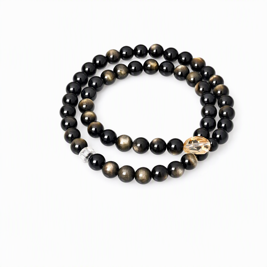 Gold Sheen Obsidian & Citrine Beaded Bracelet – Double or Triple Wrap