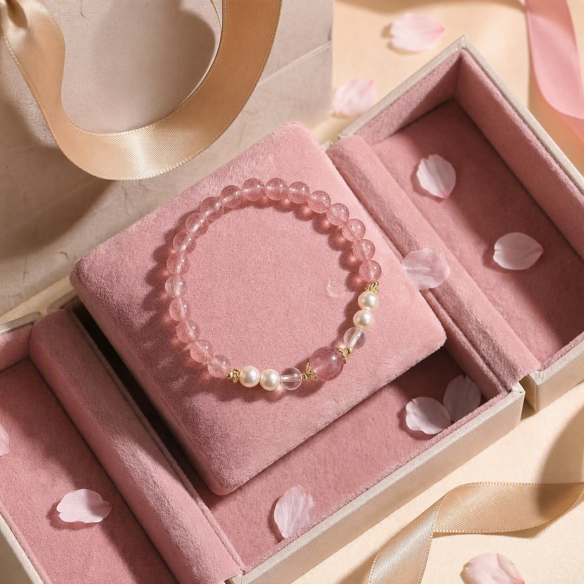 Pearl & Strawberry Quartz Bracelet – Natural Crystal Jewelry Gift for Her