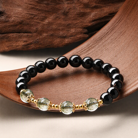 Natural Black Obsidian & Green Phantom Quartz Bracelet – Meaningful Gemstone Jewelry