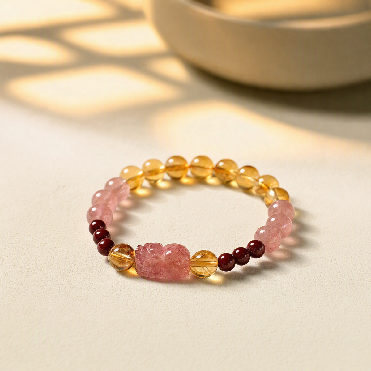 Natural Citrine & Strawberry Quartz Bracelet for Women with Pixiu Charm