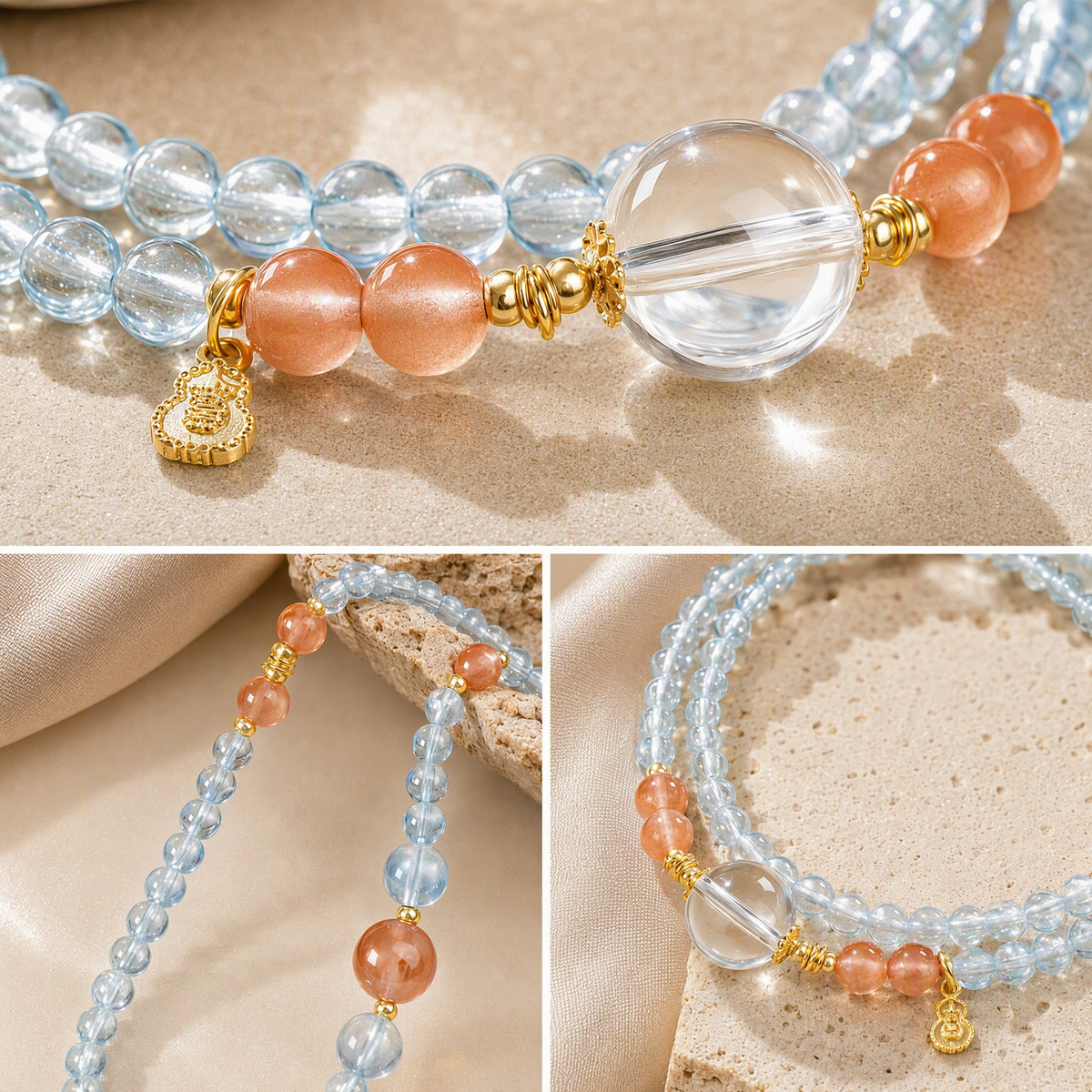 Aquamarine, Clear Quartz & South Red Agate Bracelet – Chinese-Inspired Design