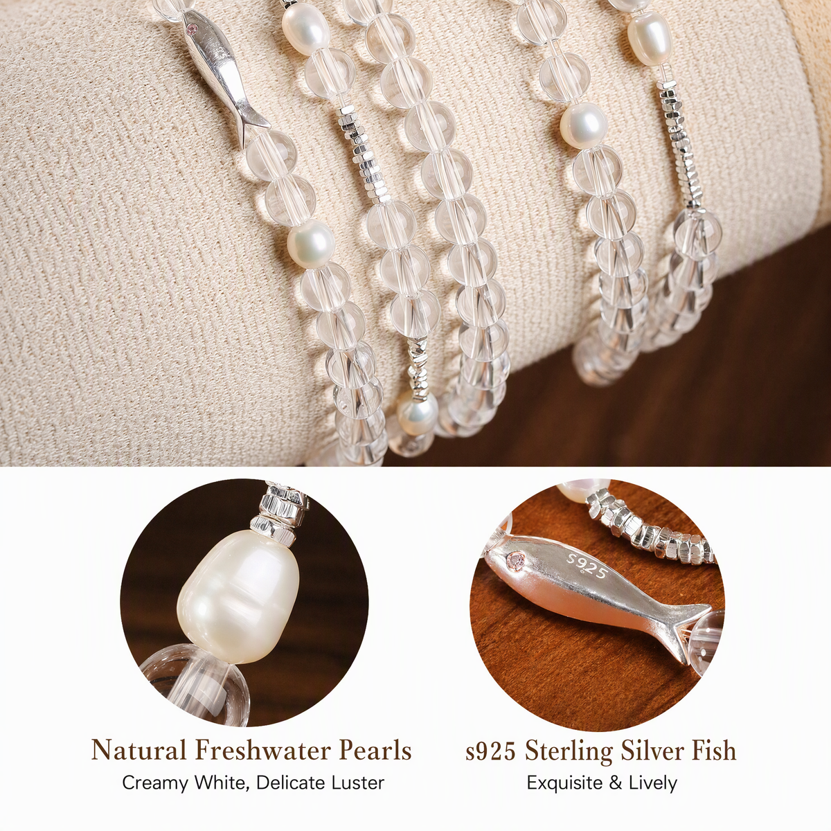 Natural Clear Quartz & Freshwater Pearl Bracelet with S925 Sterling Silver Fish Charm