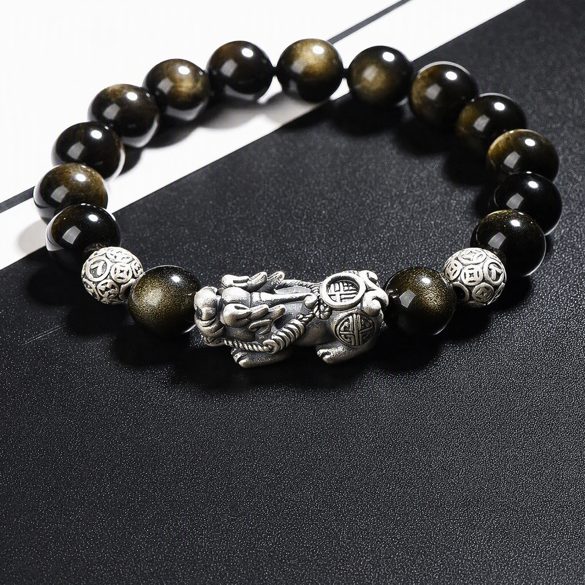 S925 Silver Pixiu & Black Obsidian Bracelet – Vintage 3D Design