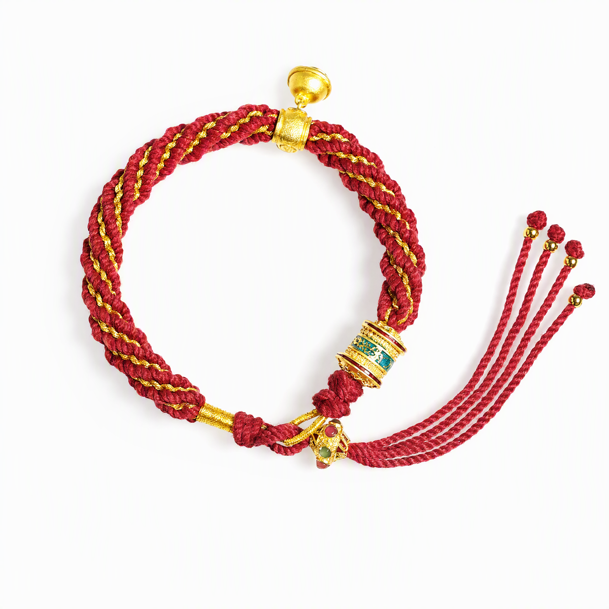Tibetan-Inspired Woven Mantra Bracelet with Bell & Six-Syllable Mantra Wheel