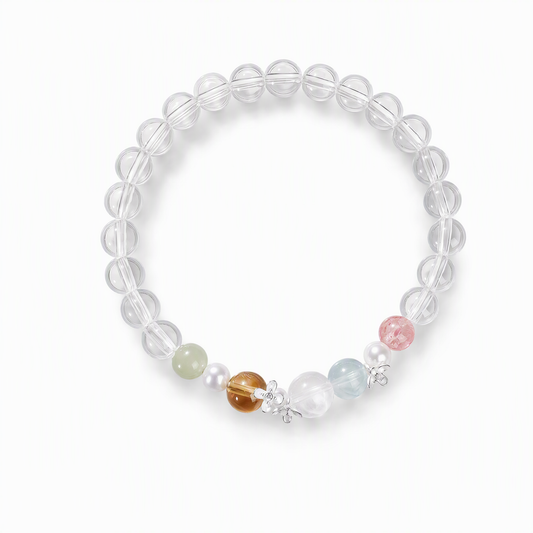Natural Clear Quartz Rainbow Multigemstone Bracelet with Pearl & 925 Sterling Silver