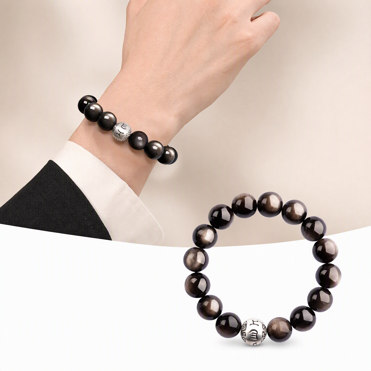 Silver Sheen Obsidian Six-Syllable Mantra Bracelet – Unisex
