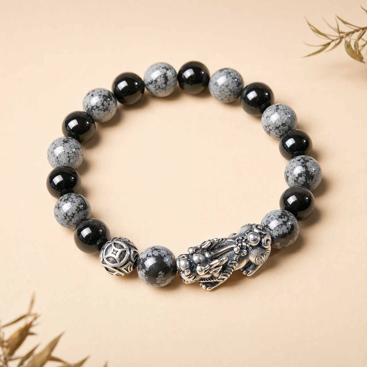 S999 Silver Pixiu & Black Obsidian Bracelet – Vintage Unisex Design