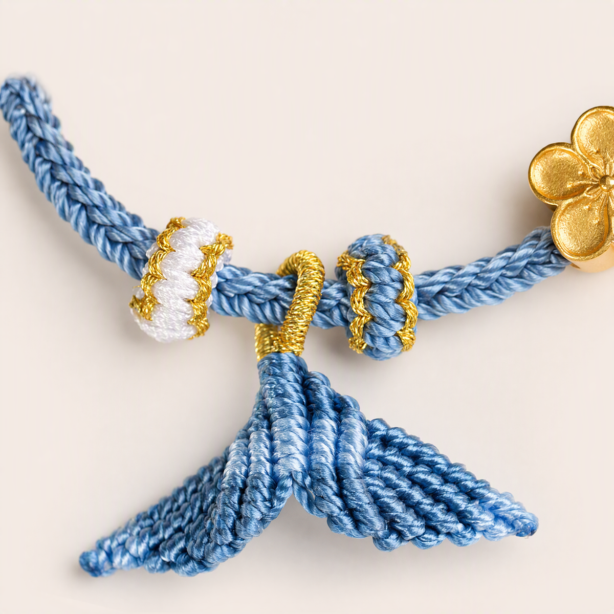 Handwoven Fish Tail Charm Bracelet with 14K Gold-Plated Peach Blossom Bead