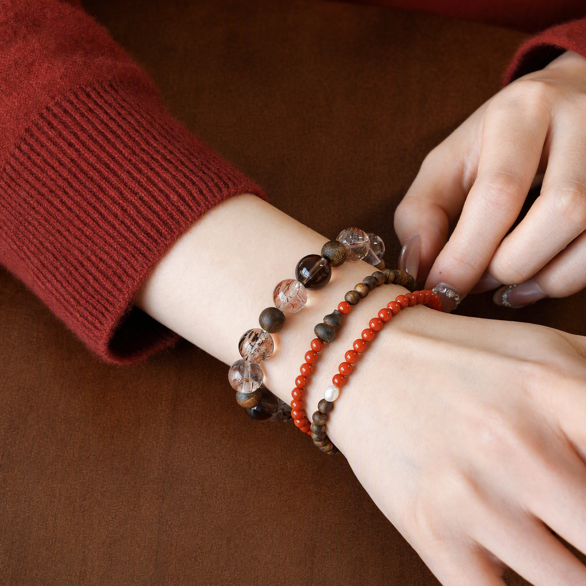 Black Gold Super Seven & Smoky Quartz Bracelet with Agarwood – Natural Gemstone Jewelry