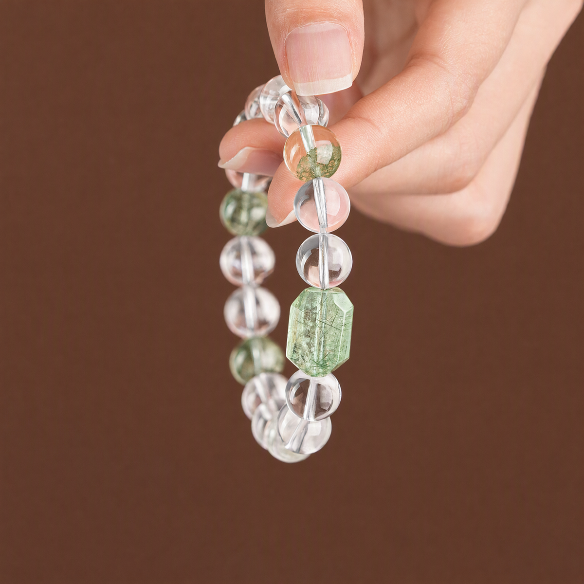 Natural Clear Quartz & Green Rutilated Quartz Bracelet with Green Phantom Crystals