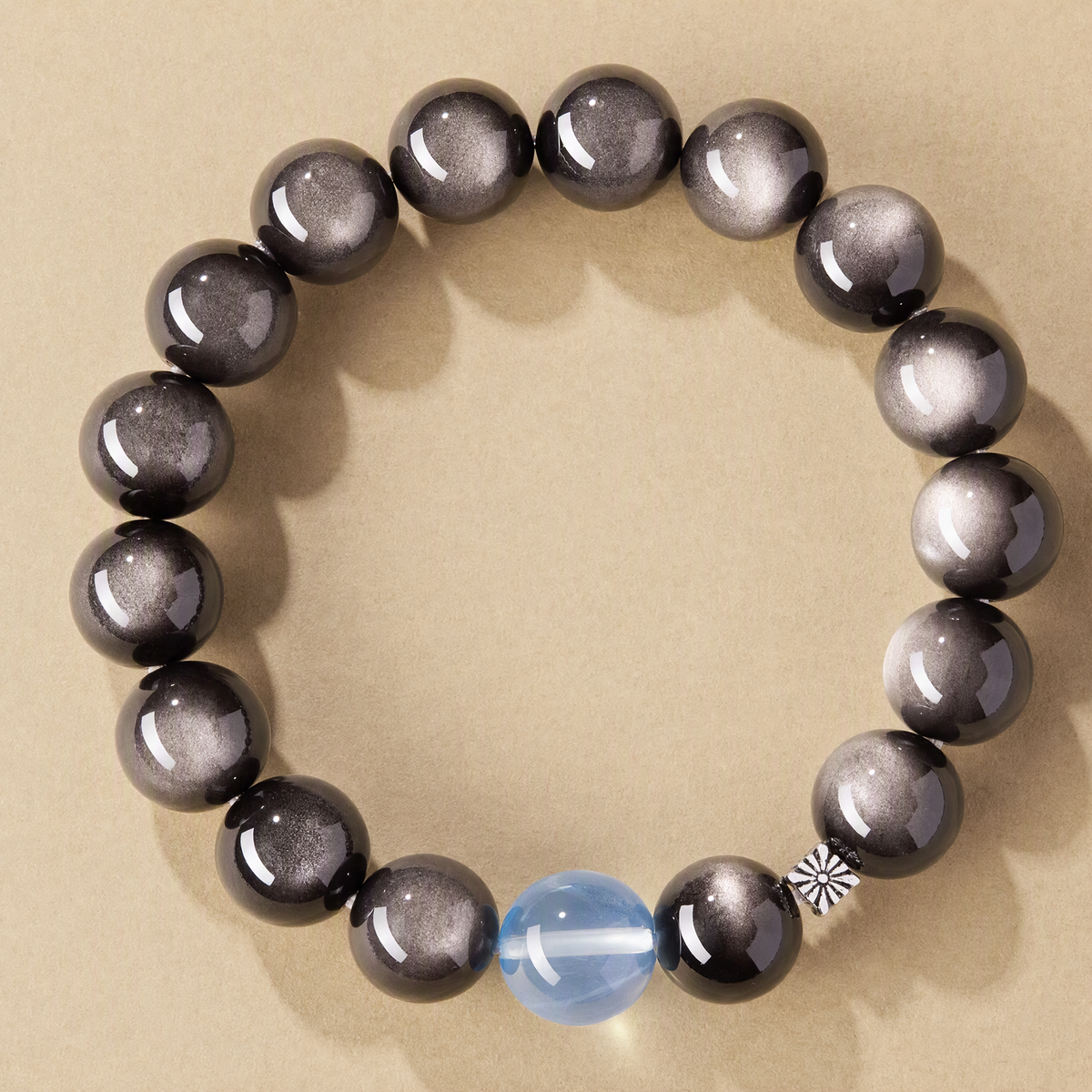 Silver Sheen Obsidian & Aquamarine Bracelet with S925 Sterling Silver Beads