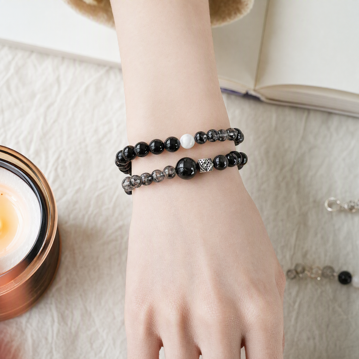 Silver Sheen Obsidian & Phantom Quartz Bracelet – 10.5mm Beads