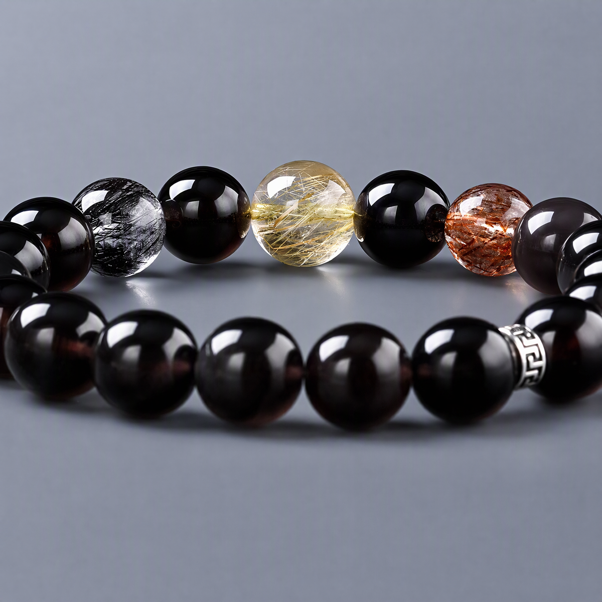 Black Obsidian & Rutilated Quartz Bracelet – Black, Gold & Silver Tones