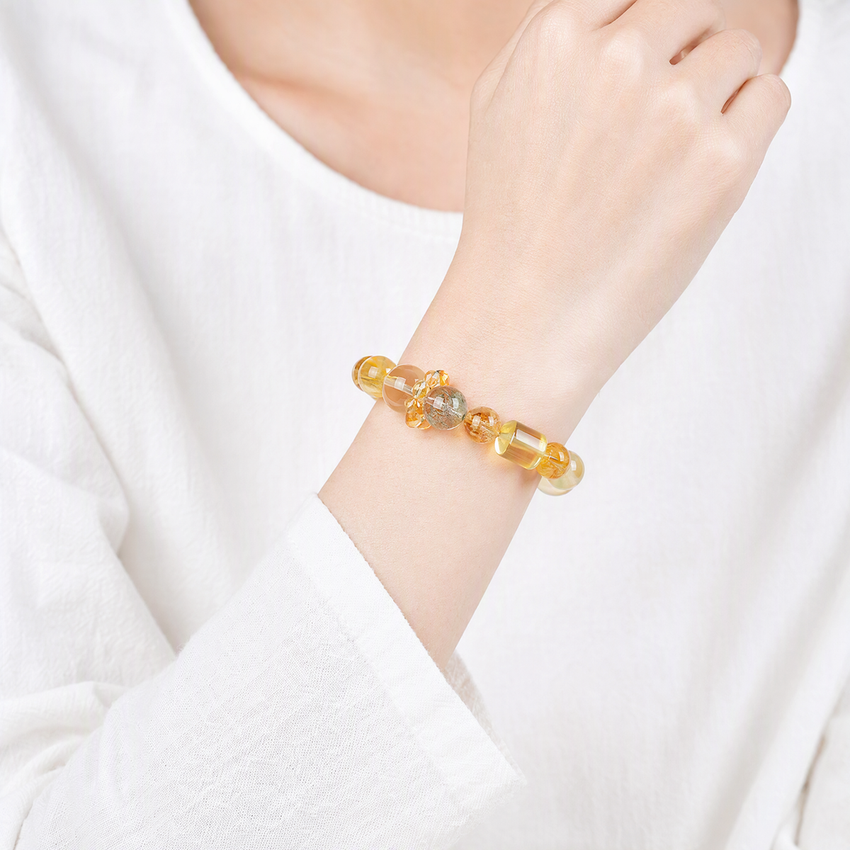 Natural Green Phantom Quartz & Citrine Bracelet with Golden Rutilated Quartz – Mixed Gemstone Jewelry