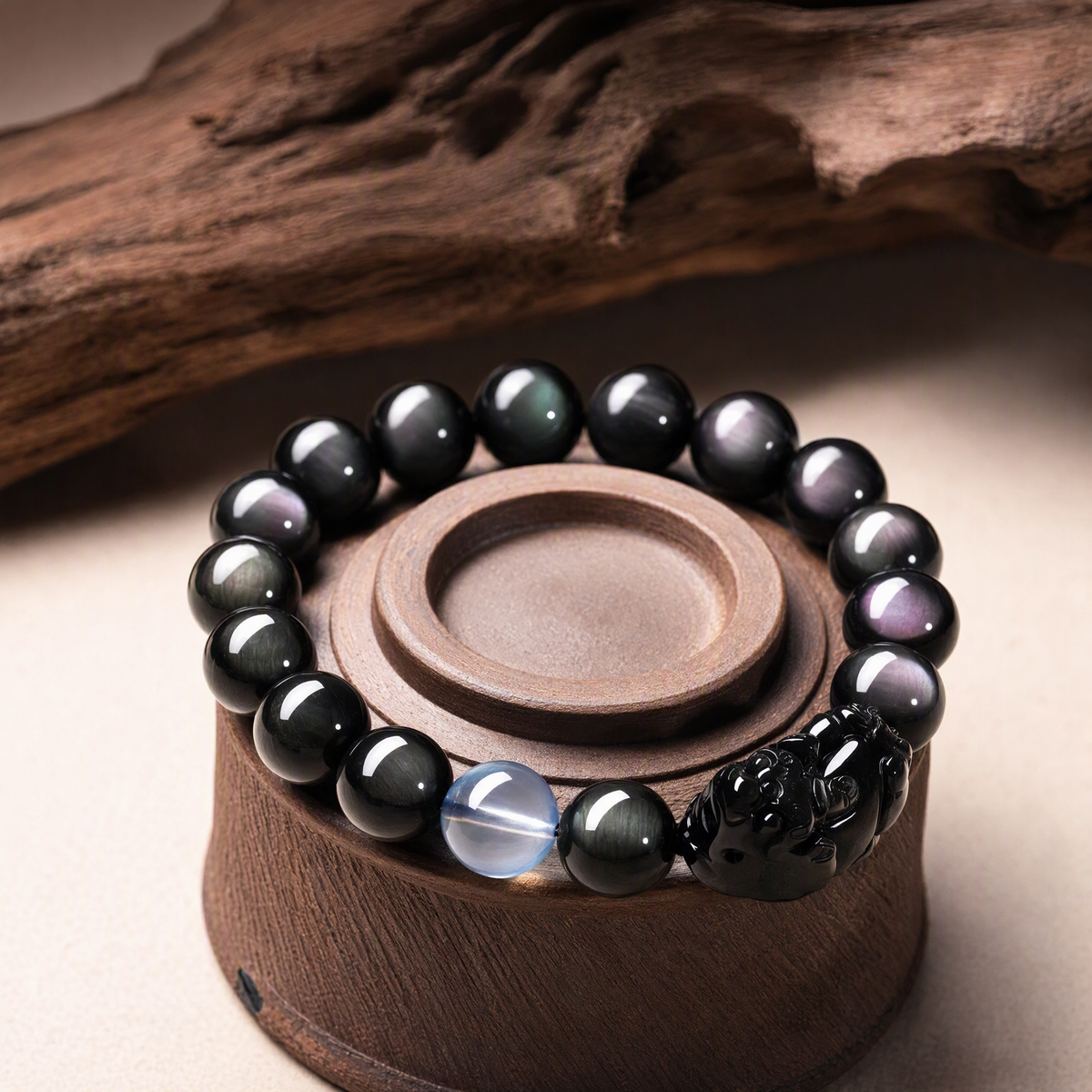 Rainbow Sheen Obsidian & Aquamarine Pixiu Bracelet – Unisex
