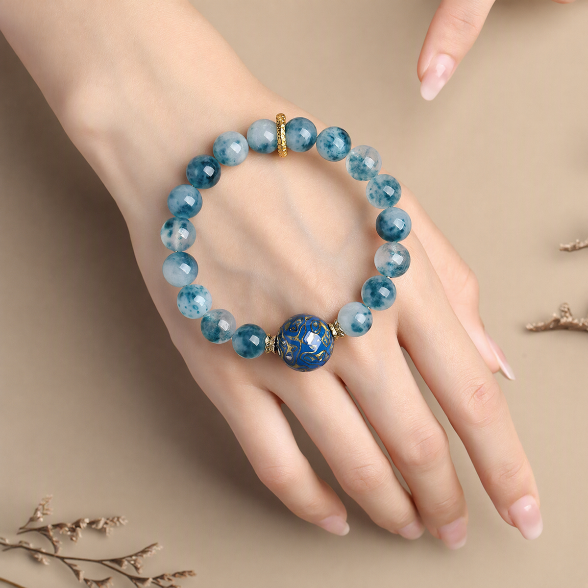 Blue Chalcedony & Artisan Lacquer Bead Bracelet – Handmade Gift