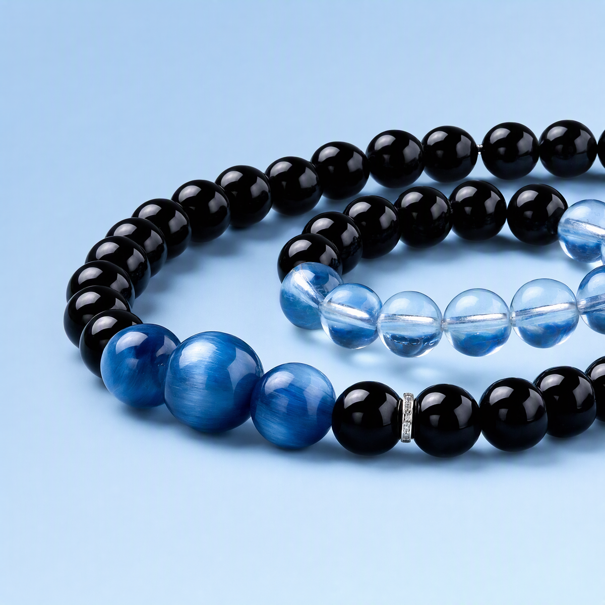 Aquamarine & Black Obsidian Double Wrap Bracelet with Blue Kyanite – Natural Crystal Gemstone Jewelry