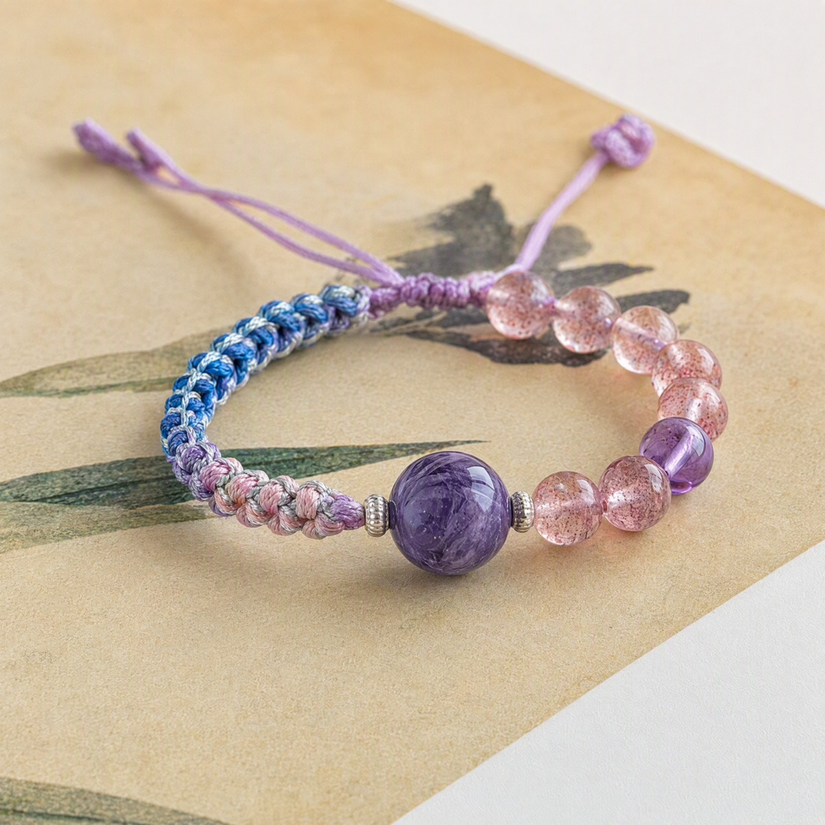 Natural Strawberry Quartz, Charoite & Amethyst Woven Bracelet – Adjustable Gemstone Jewelry