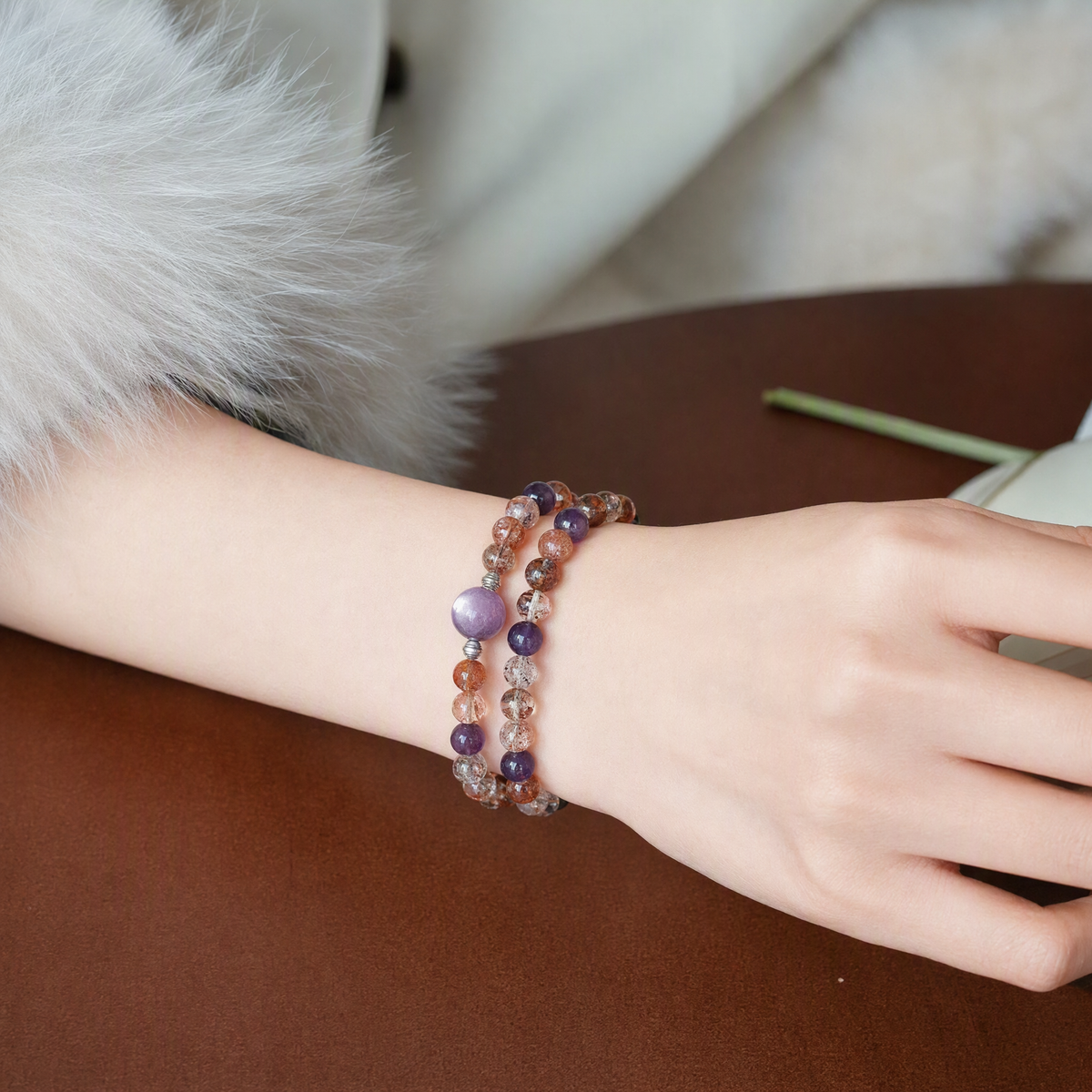 Purple Super Seven & Lepidolite Bracelet – 6mm Purple Crystal Jewelry