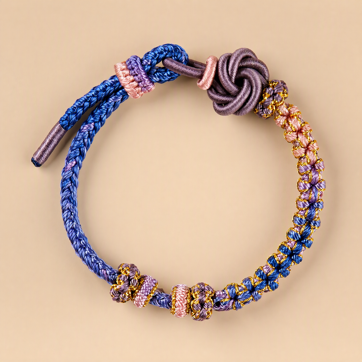 Boho DIY Woven Bracelet with Mandala & Peach Blossom Knot – Adjustable Beaded Bracelet