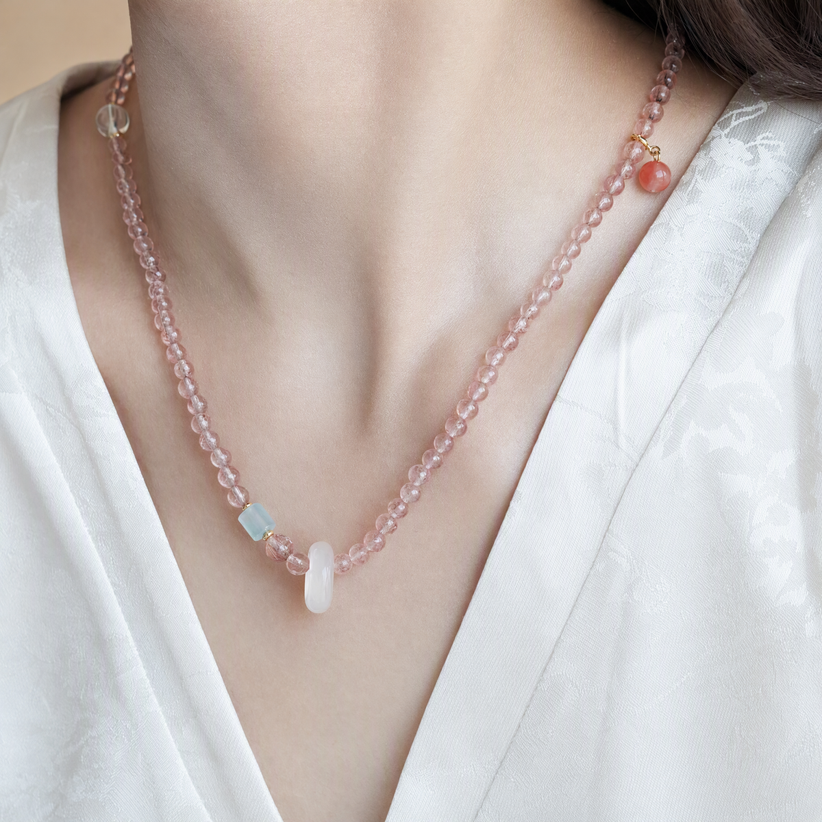 Natural Strawberry Quartz & Multigemstone Necklace Bracelet – Chinese-Inspired Jewelry