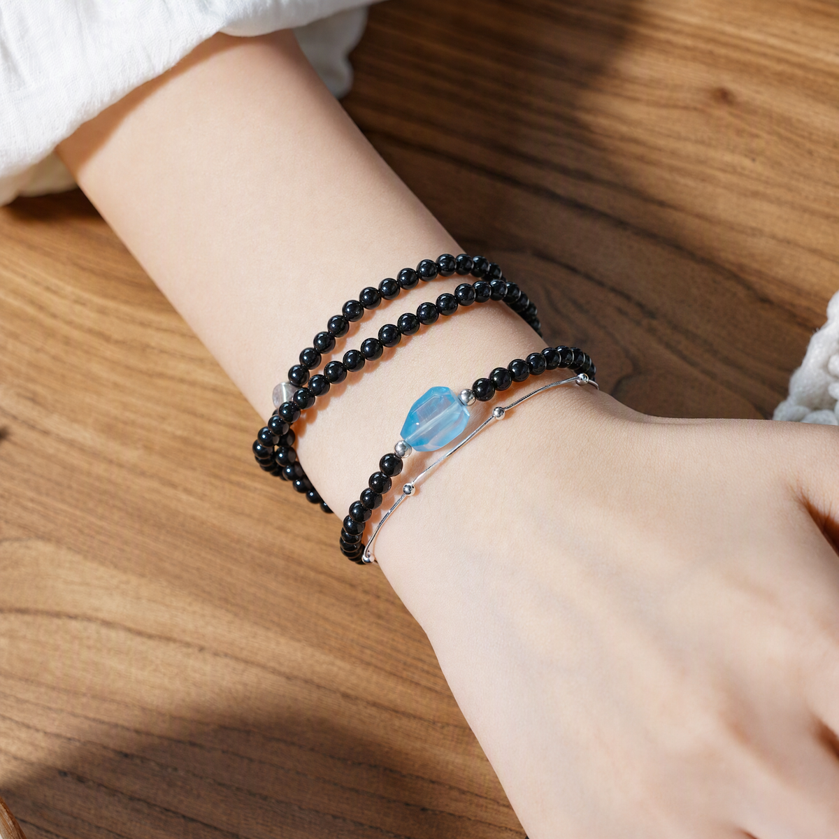 Black Obsidian, Aquamarine & Blue Tiger’s Eye Double-Wrap Bracelet – 4mm