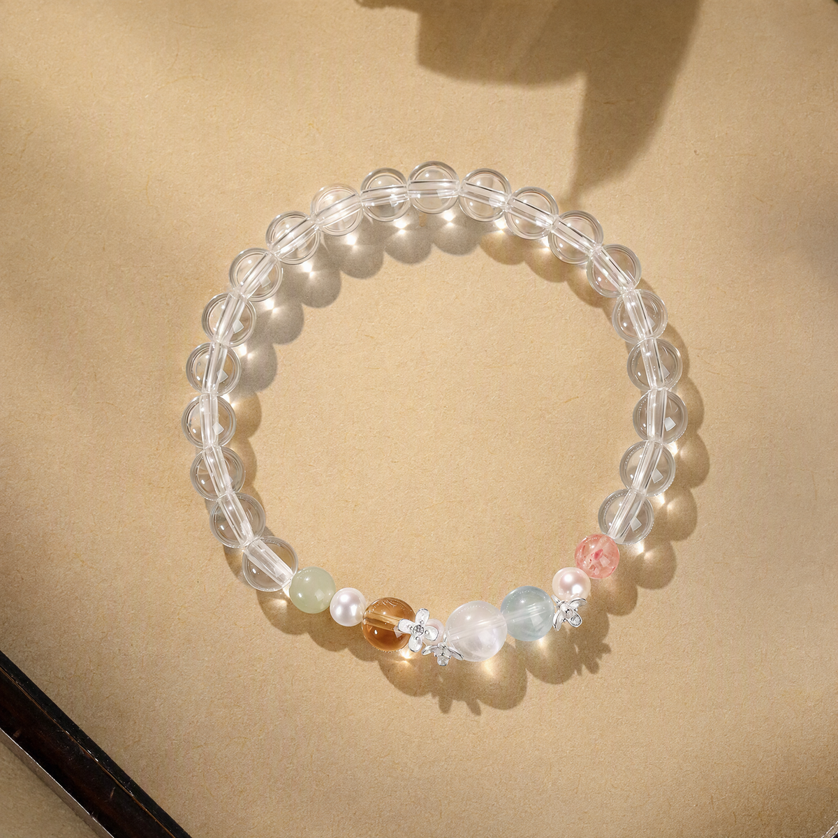 Natural Clear Quartz Rainbow Multigemstone Bracelet with Pearl & 925 Sterling Silver