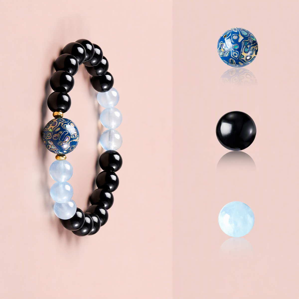 Black Obsidian & Aquamarine Bracelet with Handcrafted Lacquer Beads – 8mm